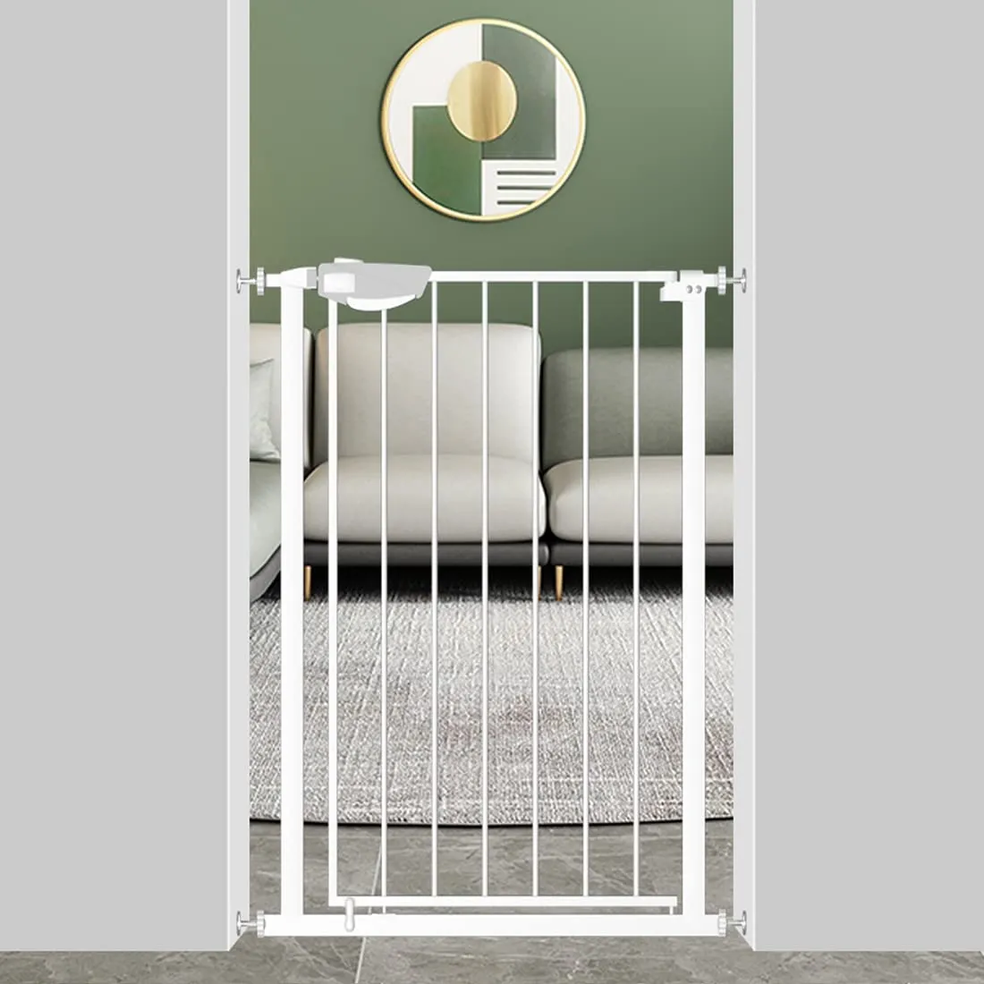 WAOWAO 36.22" Extra Tall Triple Lock Baby Gate Wide 25.59-28.34" Pressure Mounted Walk Through Swing Auto Close Safety White Metal Toddler Kids Child Dog Pet Puppy Gate for Indoor Stairs
