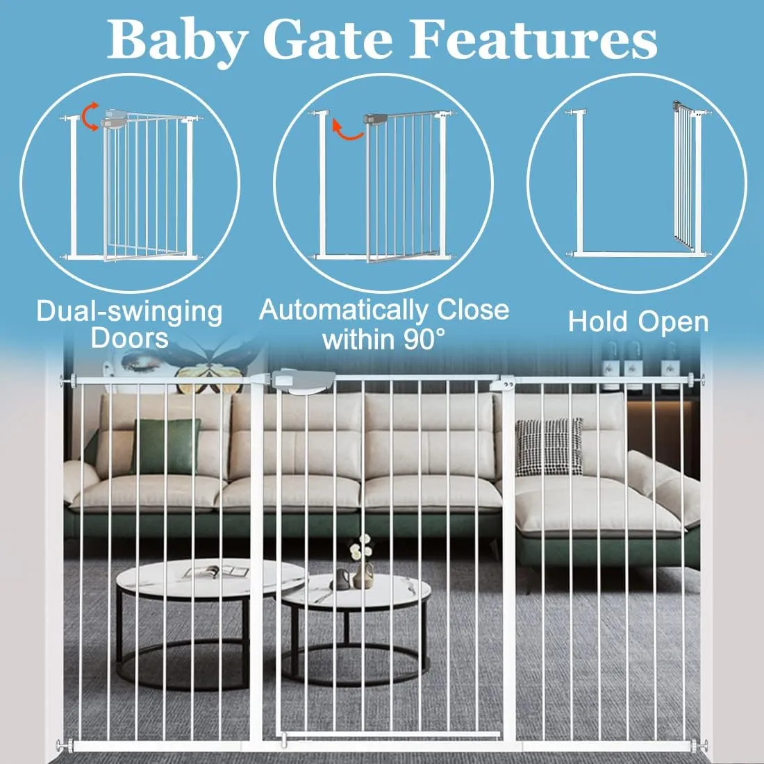 WAOWAO 36.22" Extra Tall Triple Lock Baby Gate Wide 25.59-28.34" Pressure Mounted Walk Through Swing Auto Close Safety White Metal Toddler Kids Child Dog Pet Puppy Gate for Indoor Stairs