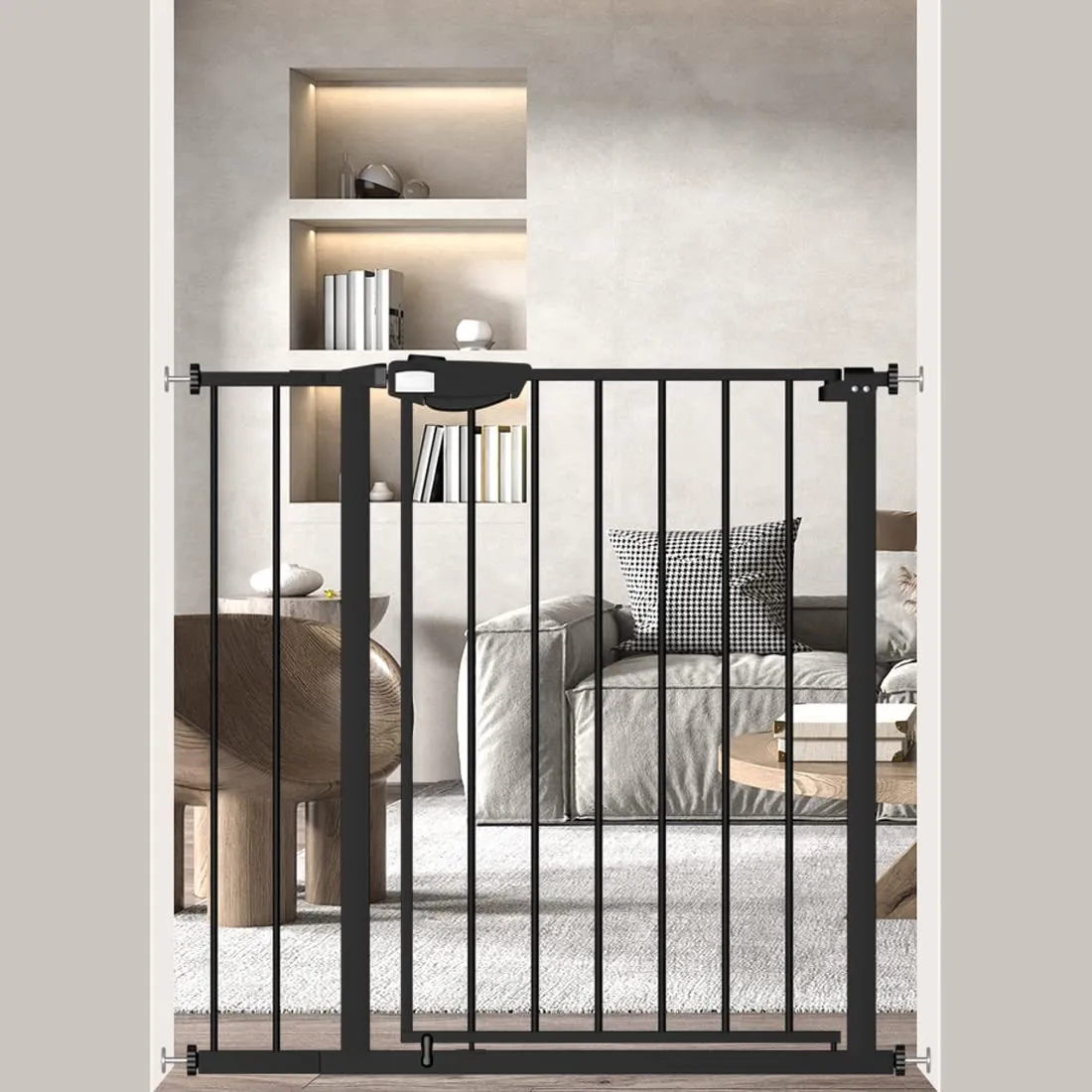 WAOWAO Triple Lock Baby Gate Extra Wide 35.04-38.97" Pressure Mounted Walk Through Swing Auto Close Safety Black Metal Dog Pet Puppy Cat for Stairs,Doorways,Kitchen