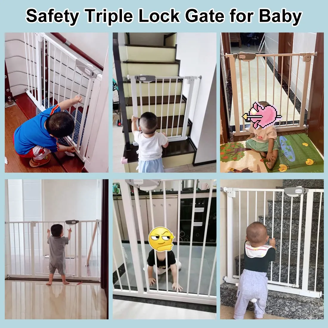 WAOWAO Triple Lock Baby Gate Extra Wide 67.32-72.04" Pressure Mounted Walk Through Swing Auto Close Safety Black Metal Dog Pet Puppy Cat for Stairs,Doorways,Kitchen