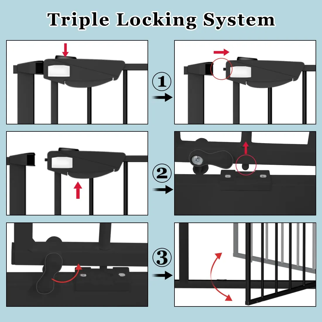 WAOWAO Triple Lock Baby Gate Extra Wide 67.32-72.04" Pressure Mounted Walk Through Swing Auto Close Safety Black Metal Dog Pet Puppy Cat for Stairs,Doorways,Kitchen