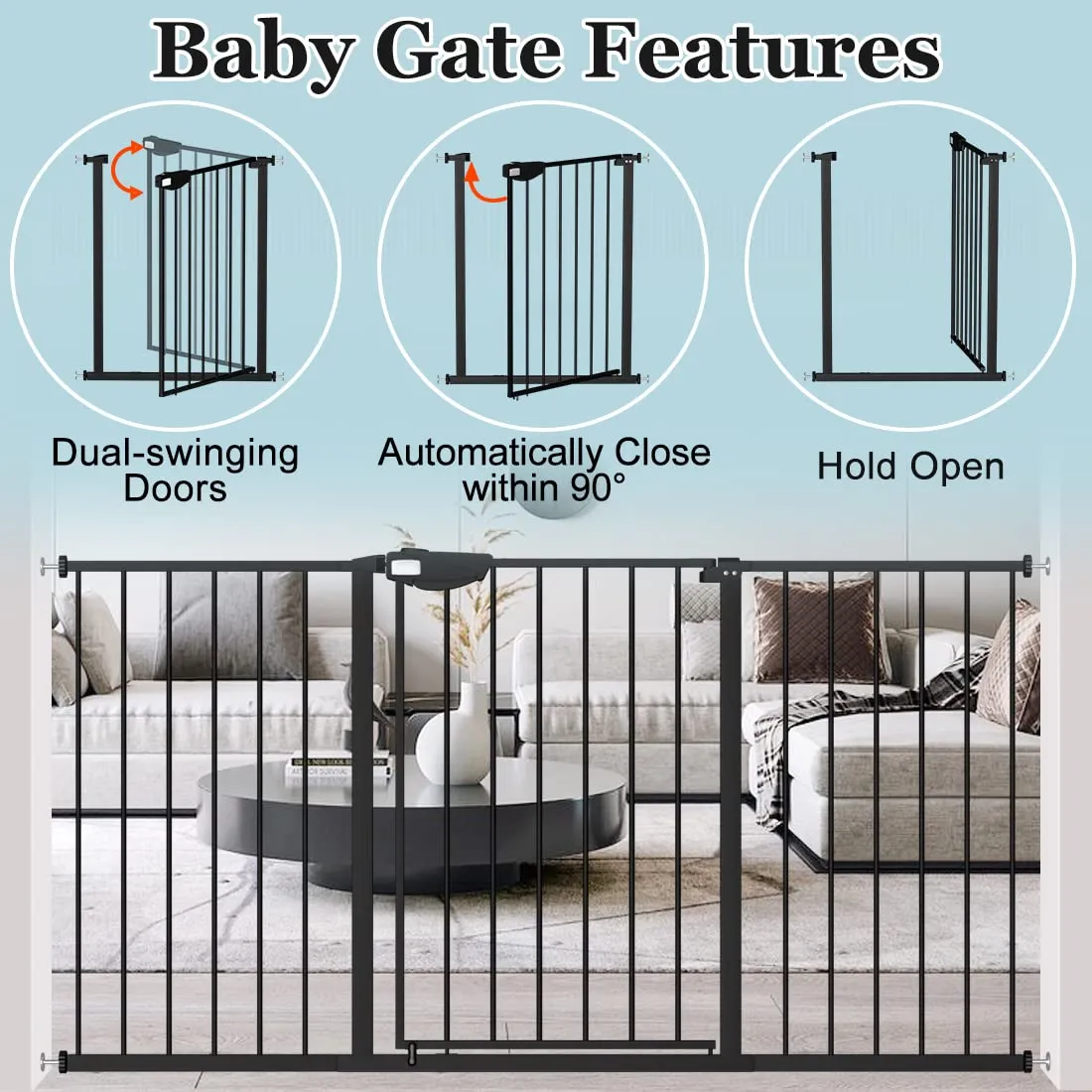 WAOWAO Triple Lock Baby Gate Extra Wide 67.32-72.04" Pressure Mounted Walk Through Swing Auto Close Safety Black Metal Dog Pet Puppy Cat for Stairs,Doorways,Kitchen