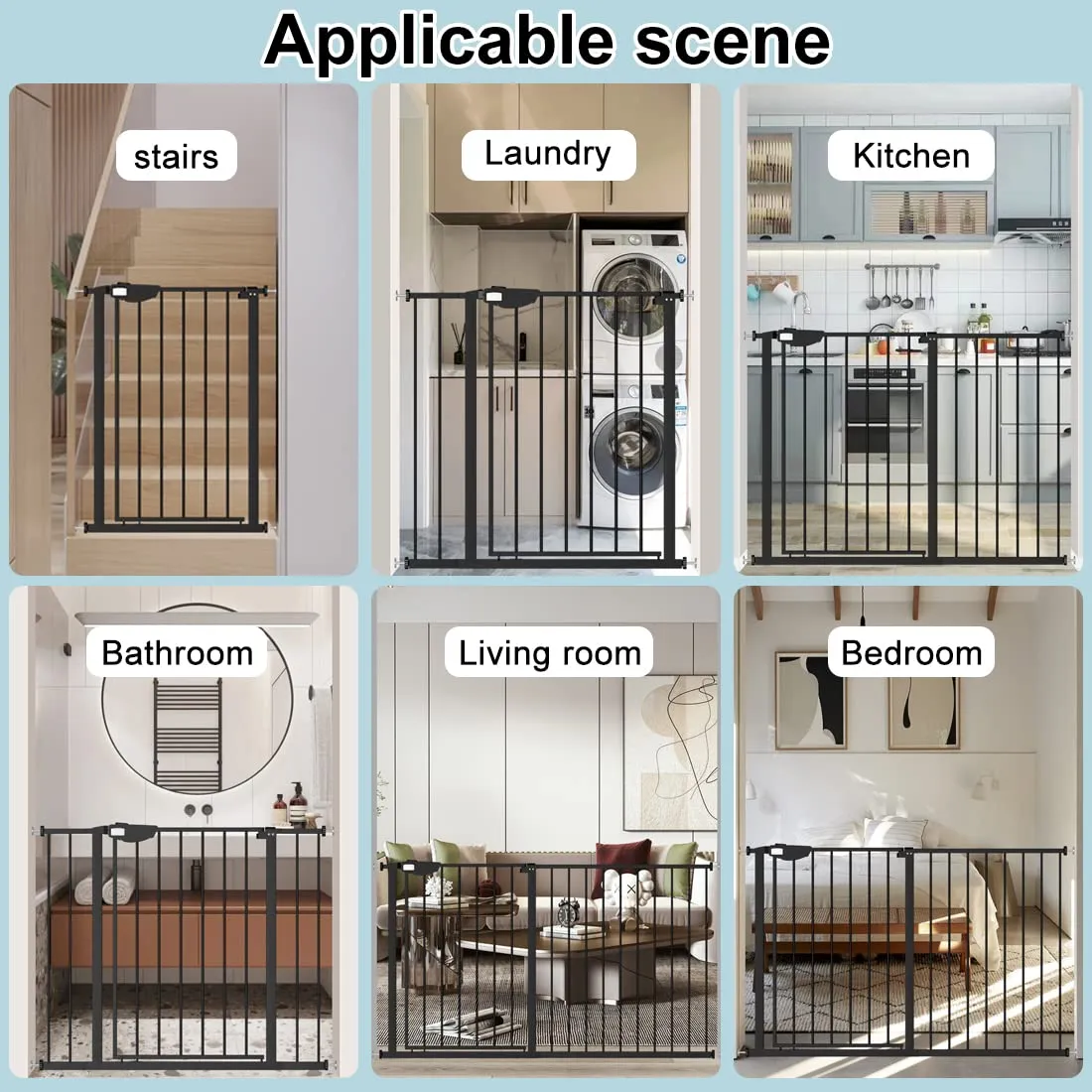 WAOWAO Triple Lock Baby Gate Extra Wide 67.32-72.04" Pressure Mounted Walk Through Swing Auto Close Safety Black Metal Dog Pet Puppy Cat for Stairs,Doorways,Kitchen