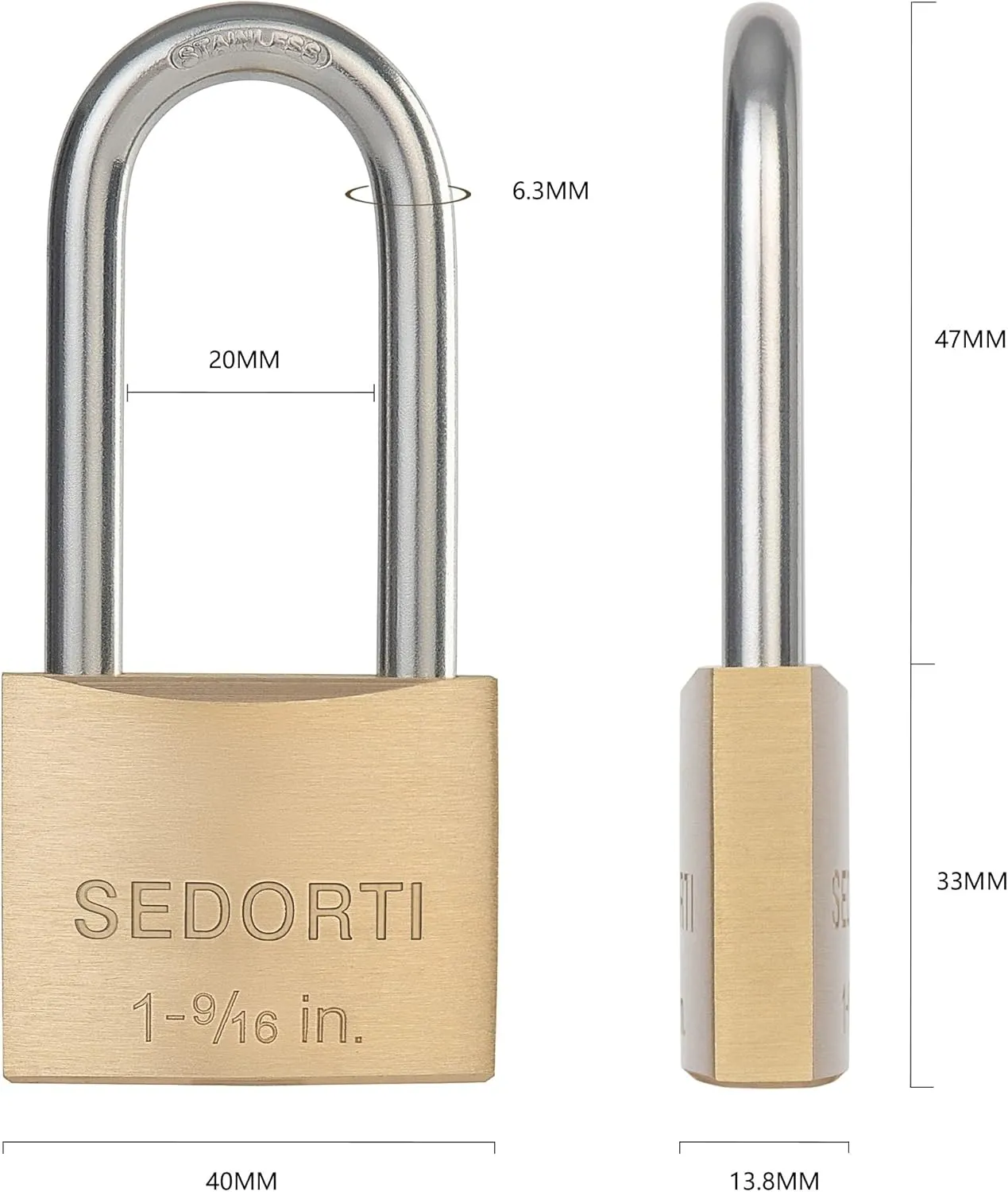 Weatherproof Padlock with Stainless Steel 304 Long Shackle and Solid Brass Body, 1-9/16 in. Wide, 12 Padlocks Keyed Alike, Marine Grade Rustproof Lock for Outdoors Use YNBSP1240
