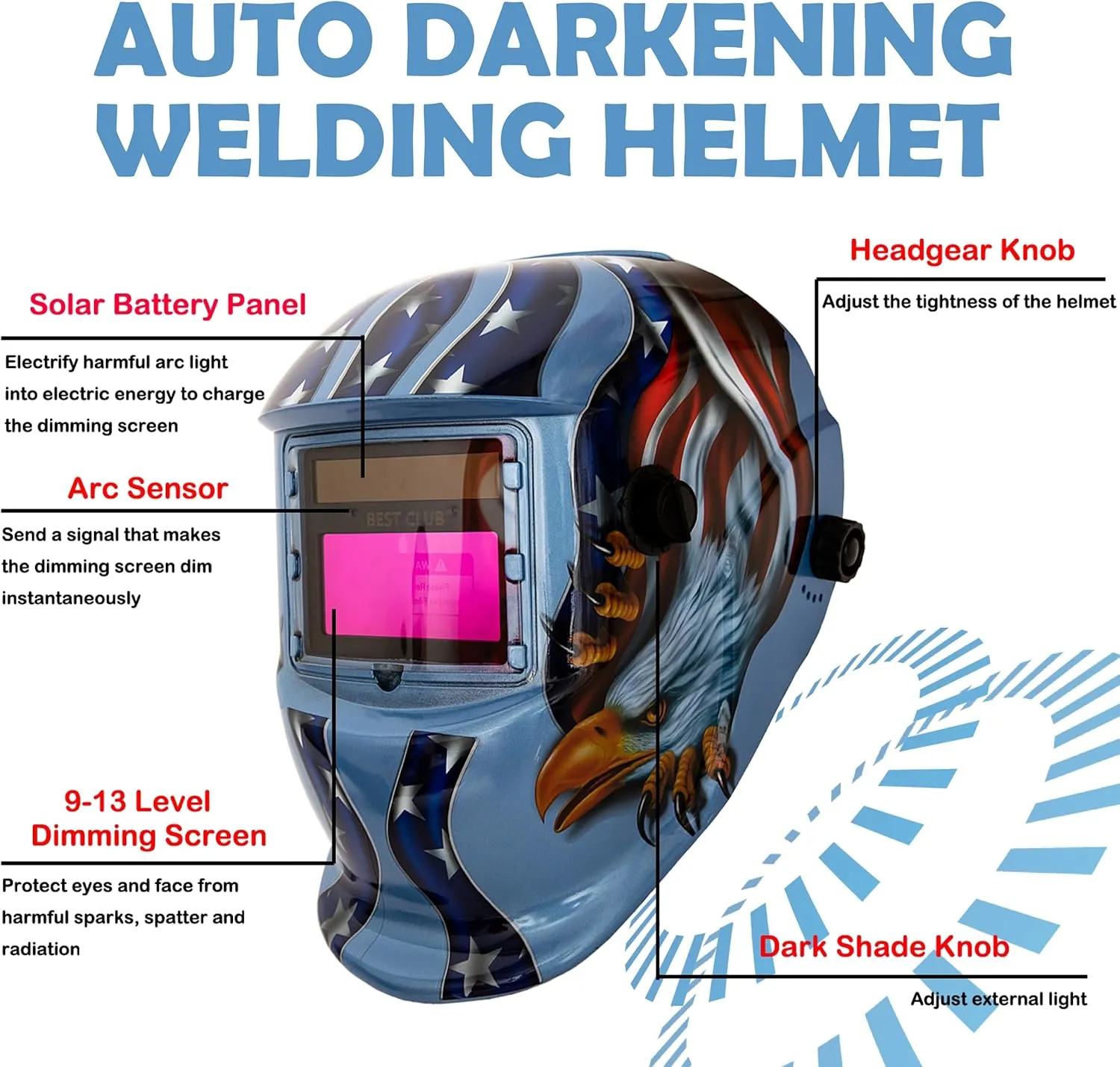 Welding Helmet Auto Darkening : BESTCLUB True Color Solar Powered Hood with Adjustable Shade Range 4/9-13 for Mig Tig Arc Welder Mask
