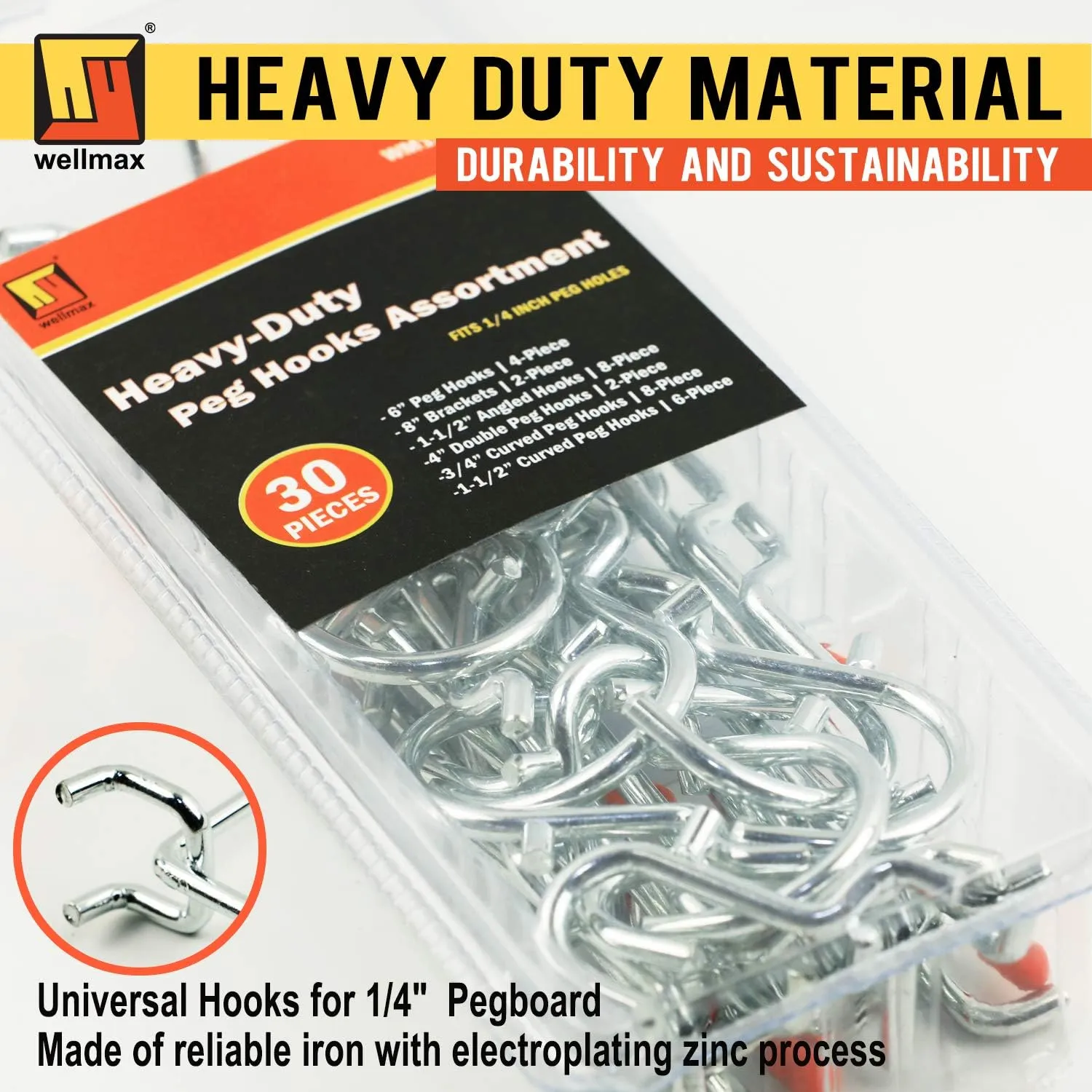 Wellmax Heavy Duty Pegboard Hooks Set - 30-Piece Assortment for Tools & Crafts, Fits 1/4-Inch Peg Holes