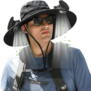 Wide Brim Solar Fan Hat, Mens Women Solar Fan Fishing Hat with 2 Fans - UPF 50  Outdoor Sun Hat with Fans Solar Power