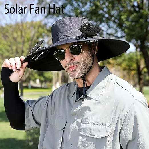 Wide Brim Solar Fan Hat, Mens Women Solar Fan Fishing Hat with 2 Fans - UPF 50  Outdoor Sun Hat with Fans Solar Power