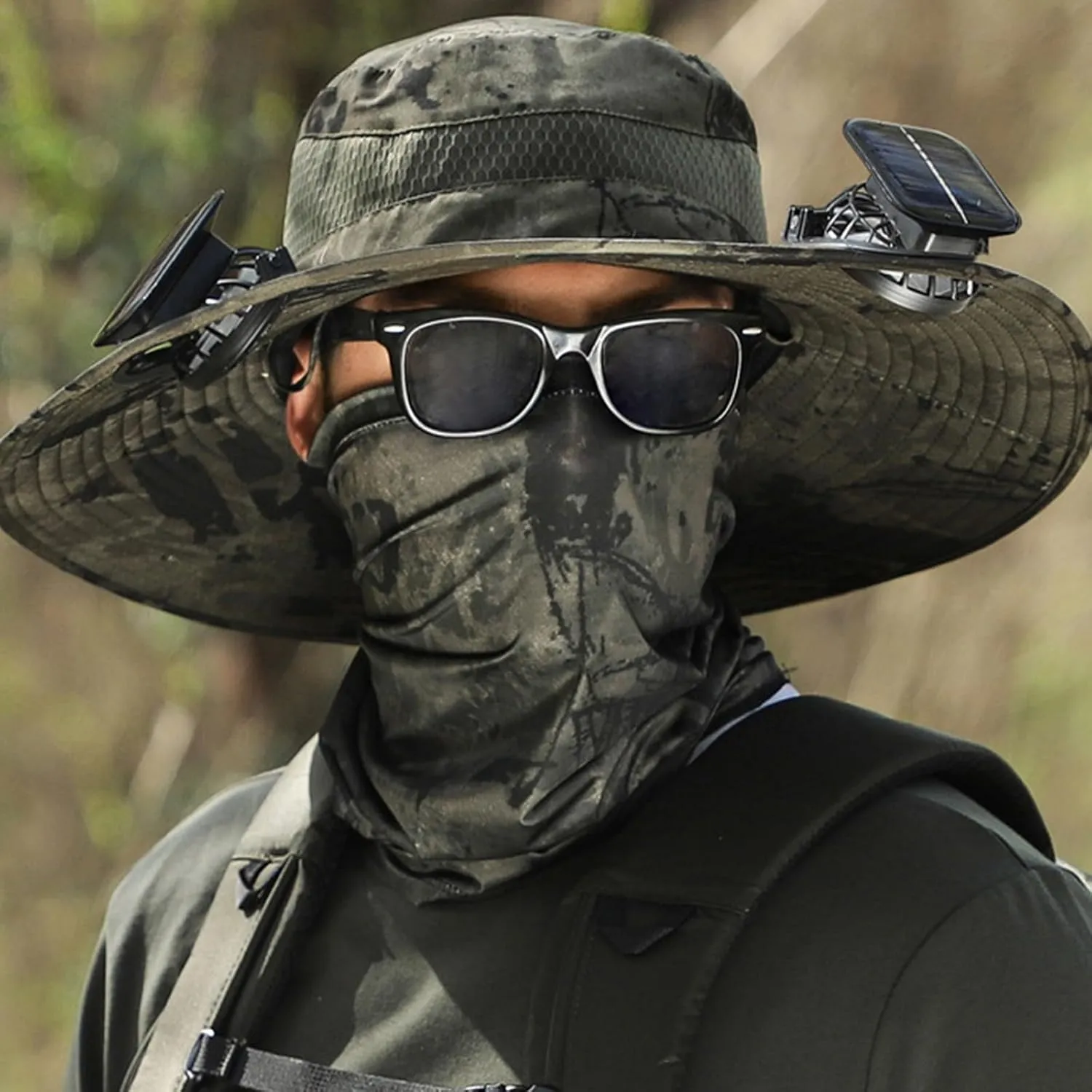 Wide Brim Solar Fan Hat, UPF 50  Bucket Hat with Solar Powered Fans for Hiking Fishing Outdoor Beach Camping