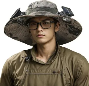 Wide Brim Solar Fan Hat, Wide Brim Solar Fan Outdoor Fishing Hat, Solar Fan Hats for Men-Solar & USB Charging