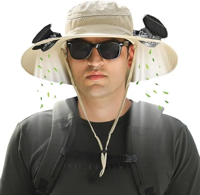 Wide Brim Solar Fan Hats for Men Women - UPF 50  Hat with Solar Fans Built in- Removable & USB Charging Fan