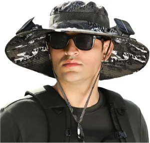 Wide Brim Solar Fan Outdoor Fishing Hat, 2024 New Solar&USB Charging Men Sun Hat With 2 Solar Fan UPF 50  Solar Fan Hat