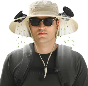 Wide Brim Solar Fan Outdoor Fishing Hat，- UPF 50  Hat with Solar Fans Built in- Removable and USB Charging Fan