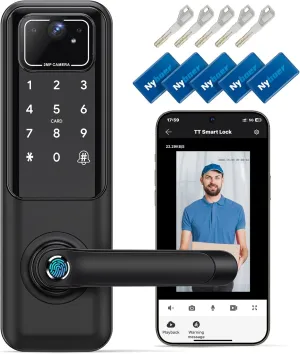 WiFi Video Smart Door Lock: Fingerprint Door Lock with Camera- Keyless Entry Door Lock with Handle - Electronic Digital Door Lock with Keypad - WiFi Smart Lock for Front Door, Black, H3 Pro