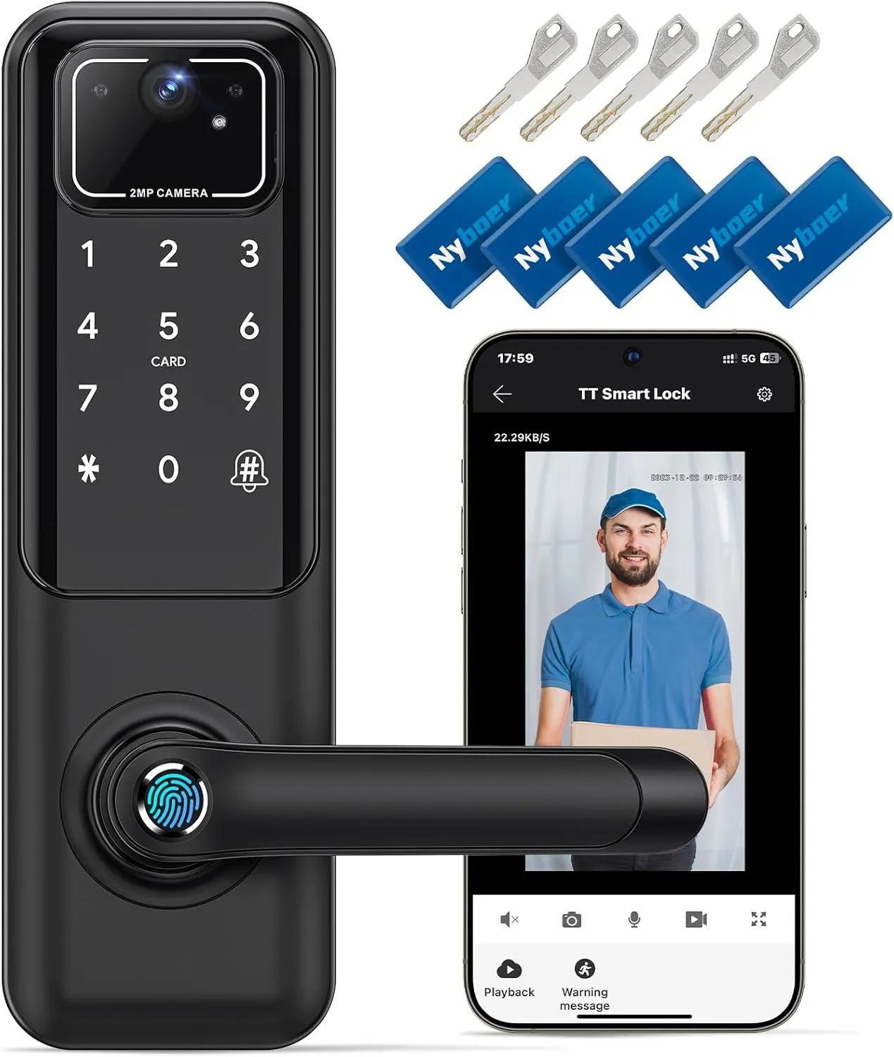 WiFi Video Smart Door Lock: Fingerprint Door Lock with Camera- Keyless Entry Door Lock with Handle - Electronic Digital Door Lock with Keypad - WiFi Smart Lock for Front Door, Black, H3 Pro