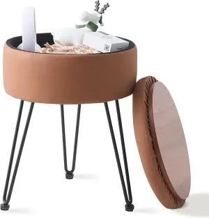 Wimarsbon Round Storage Ottoman Foot Stool Modern Faux Leather Vanity Stool with Solid Wood Frame&Metal Legs,Compact Footstool Dressing Stool Footrest for Living Room Bedroom or Entryway (Brown)