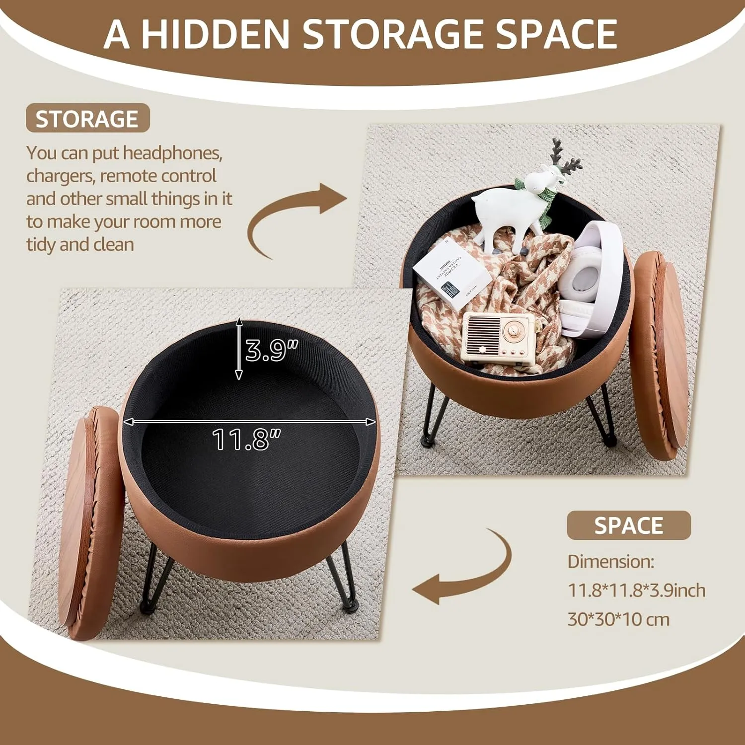 Wimarsbon Round Storage Ottoman Foot Stool Modern Faux Leather Vanity Stool with Solid Wood Frame&Metal Legs,Compact Footstool Dressing Stool Footrest for Living Room Bedroom or Entryway (Brown)