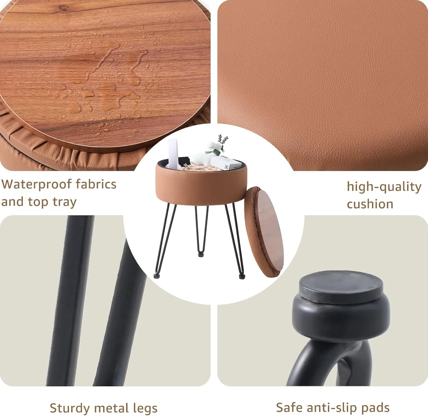 Wimarsbon Round Storage Ottoman Foot Stool Modern Faux Leather Vanity Stool with Solid Wood Frame&Metal Legs,Compact Footstool Dressing Stool Footrest for Living Room Bedroom or Entryway (Brown)