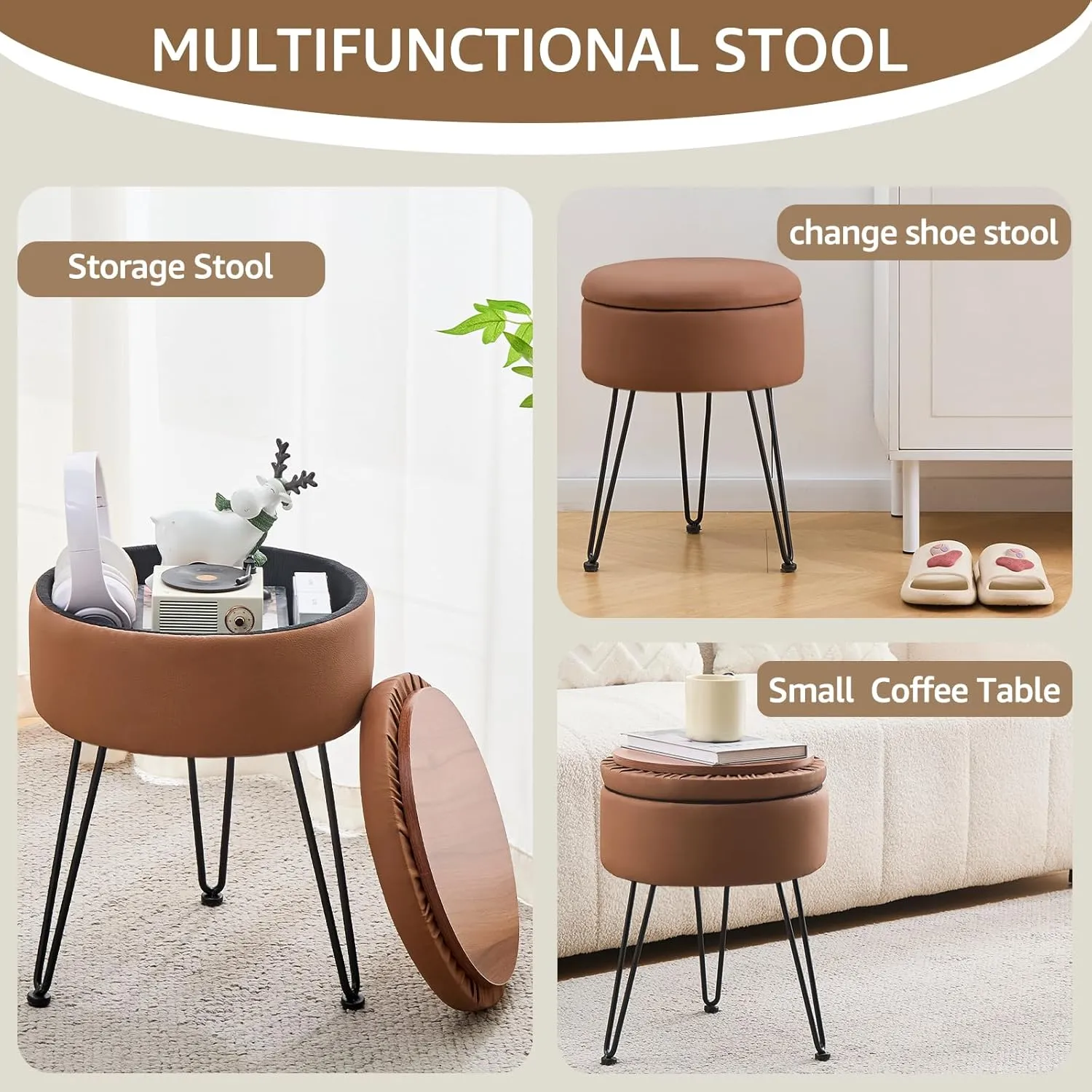 Wimarsbon Round Storage Ottoman Foot Stool Modern Faux Leather Vanity Stool with Solid Wood Frame&Metal Legs,Compact Footstool Dressing Stool Footrest for Living Room Bedroom or Entryway (Brown)