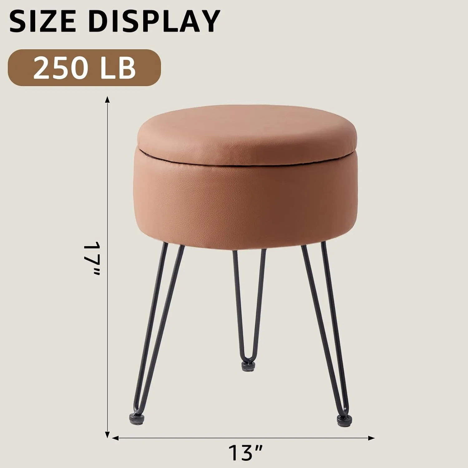 Wimarsbon Round Storage Ottoman Foot Stool Modern Faux Leather Vanity Stool with Solid Wood Frame&Metal Legs,Compact Footstool Dressing Stool Footrest for Living Room Bedroom or Entryway (Brown)