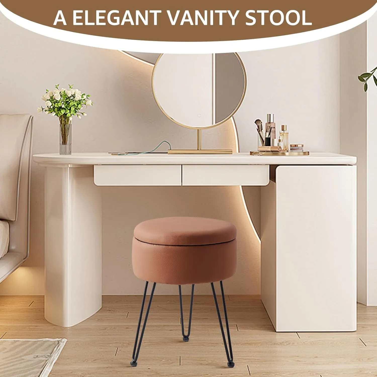 Wimarsbon Round Storage Ottoman Foot Stool Modern Faux Leather Vanity Stool with Solid Wood Frame&Metal Legs,Compact Footstool Dressing Stool Footrest for Living Room Bedroom or Entryway (Brown)