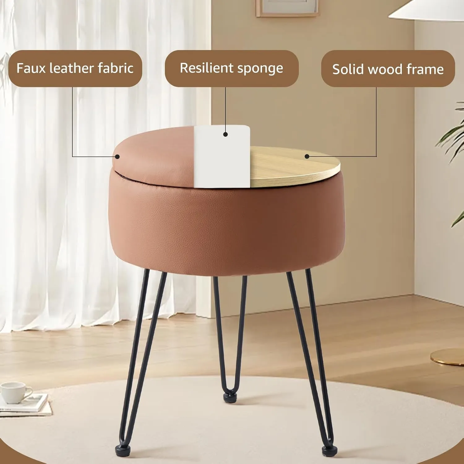 Wimarsbon Round Storage Ottoman Foot Stool Modern Faux Leather Vanity Stool with Solid Wood Frame&Metal Legs,Compact Footstool Dressing Stool Footrest for Living Room Bedroom or Entryway (Brown)