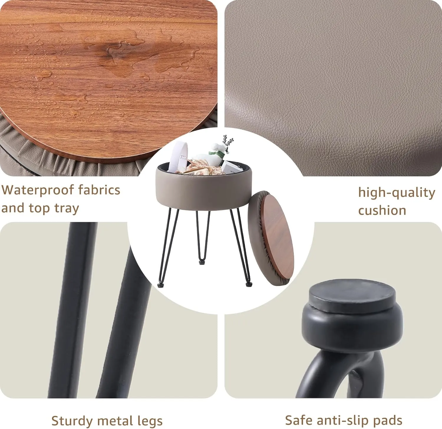 Wimarsbon Round Storage Ottoman Foot Stool Modern Faux Leather Vanity Stool with Solid Wood Frame&Metal Legs,Compact Footstool Dressing Stool Footrest for Living Room Bedroom or Entryway (Grey)