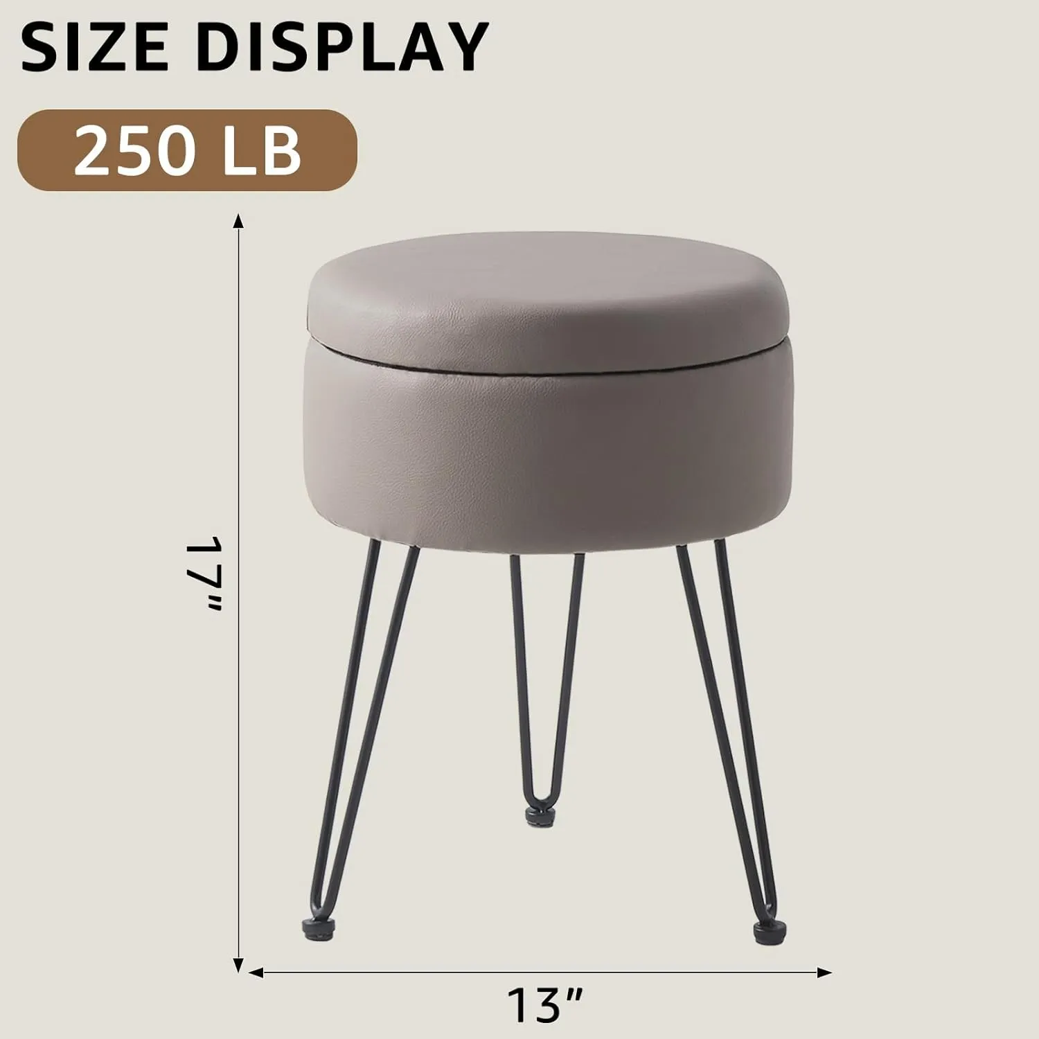 Wimarsbon Round Storage Ottoman Foot Stool Modern Faux Leather Vanity Stool with Solid Wood Frame&Metal Legs,Compact Footstool Dressing Stool Footrest for Living Room Bedroom or Entryway (Grey)