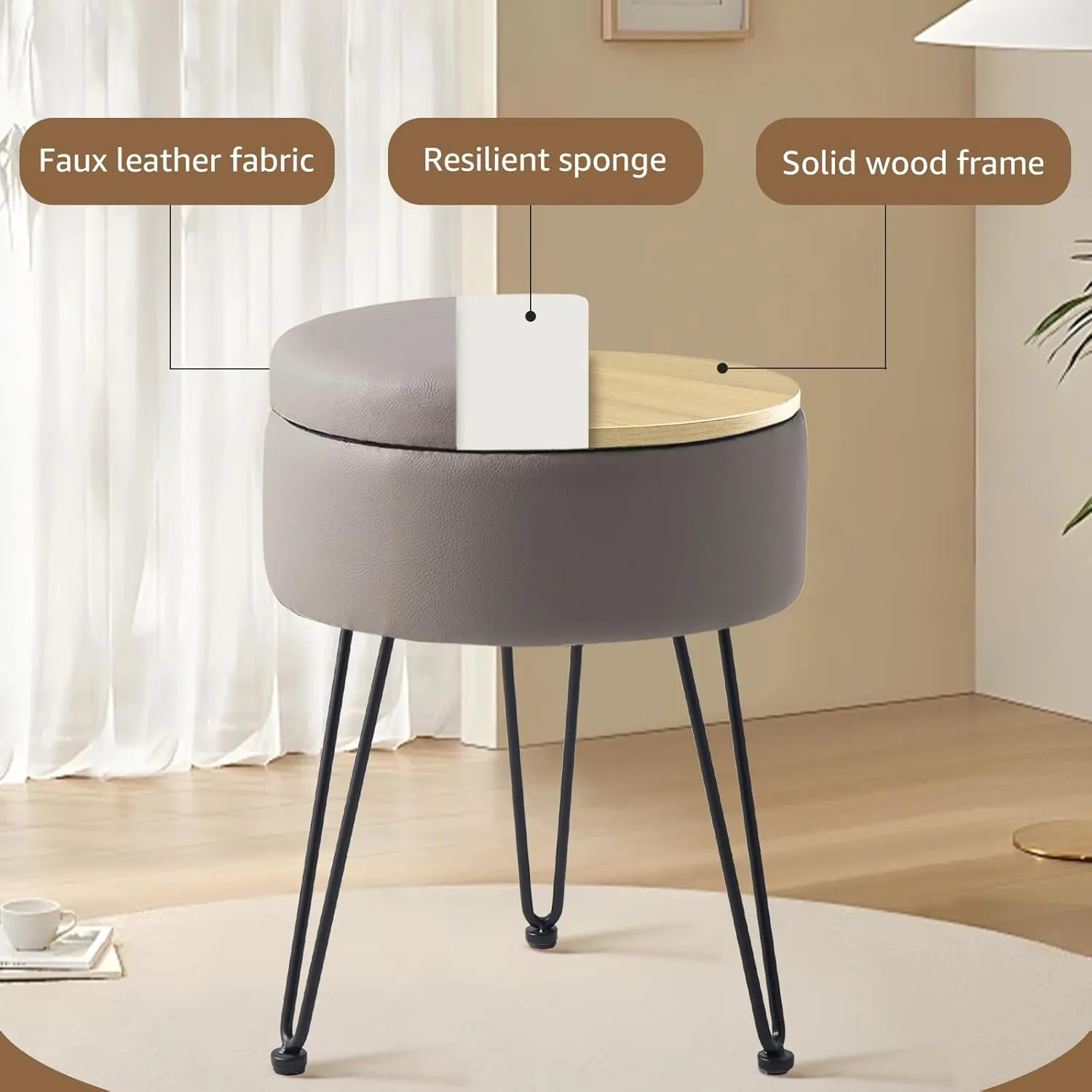 Wimarsbon Round Storage Ottoman Foot Stool Modern Faux Leather Vanity Stool with Solid Wood Frame&Metal Legs,Compact Footstool Dressing Stool Footrest for Living Room Bedroom or Entryway (Grey)