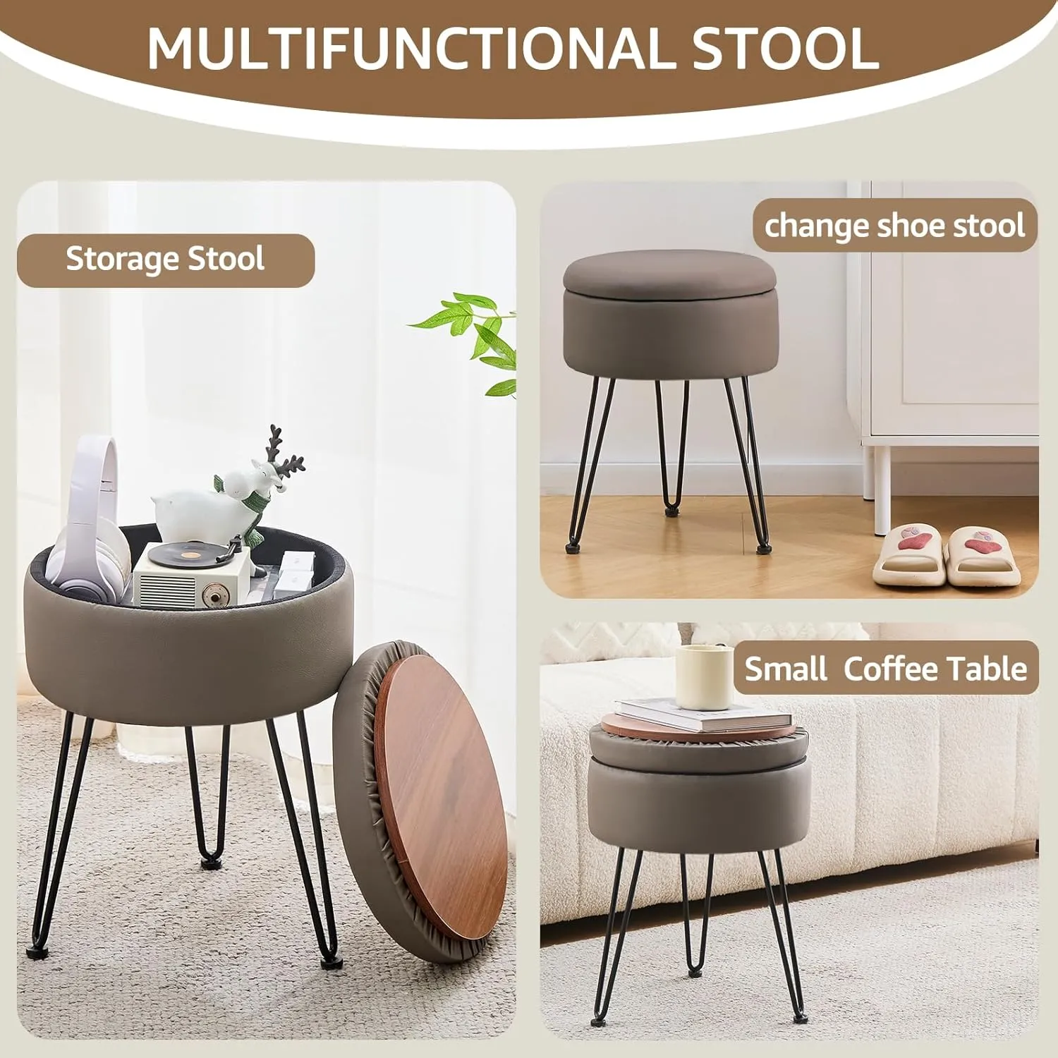 Wimarsbon Round Storage Ottoman Foot Stool Modern Faux Leather Vanity Stool with Solid Wood Frame&Metal Legs,Compact Footstool Dressing Stool Footrest for Living Room Bedroom or Entryway (Grey)