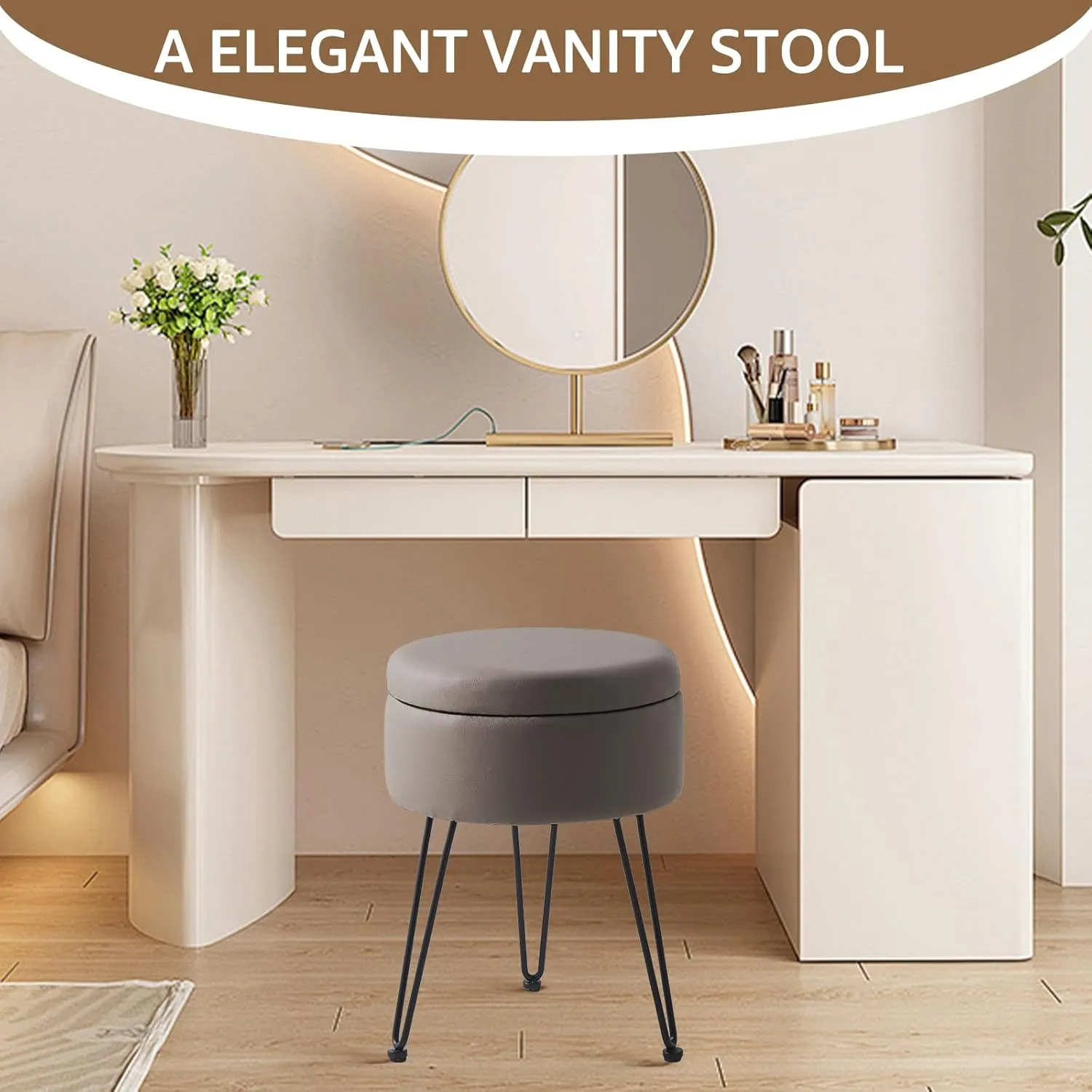 Wimarsbon Round Storage Ottoman Foot Stool Modern Faux Leather Vanity Stool with Solid Wood Frame&Metal Legs,Compact Footstool Dressing Stool Footrest for Living Room Bedroom or Entryway (Grey)
