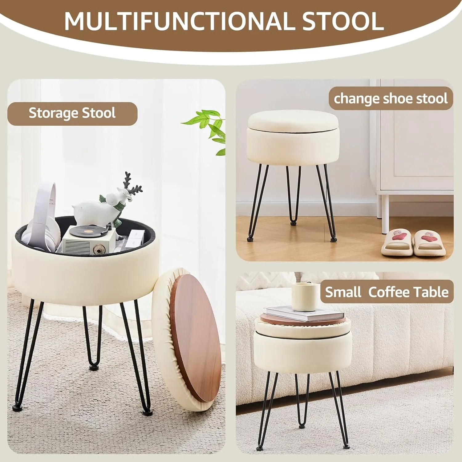 Wimarsbon Round Storage Ottoman Foot Stool Modern Faux Leather Vanity Stool with Solid Wood Frame&Metal Legs,Compact Footstool Dressing Stool Footrest for Living Room Bedroom or Entryway (White)