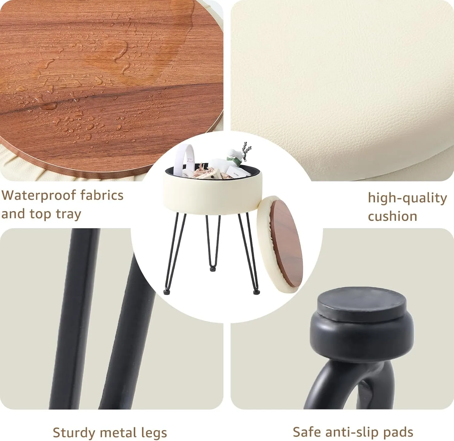 Wimarsbon Round Storage Ottoman Foot Stool Modern Faux Leather Vanity Stool with Solid Wood Frame&Metal Legs,Compact Footstool Dressing Stool Footrest for Living Room Bedroom or Entryway (White)