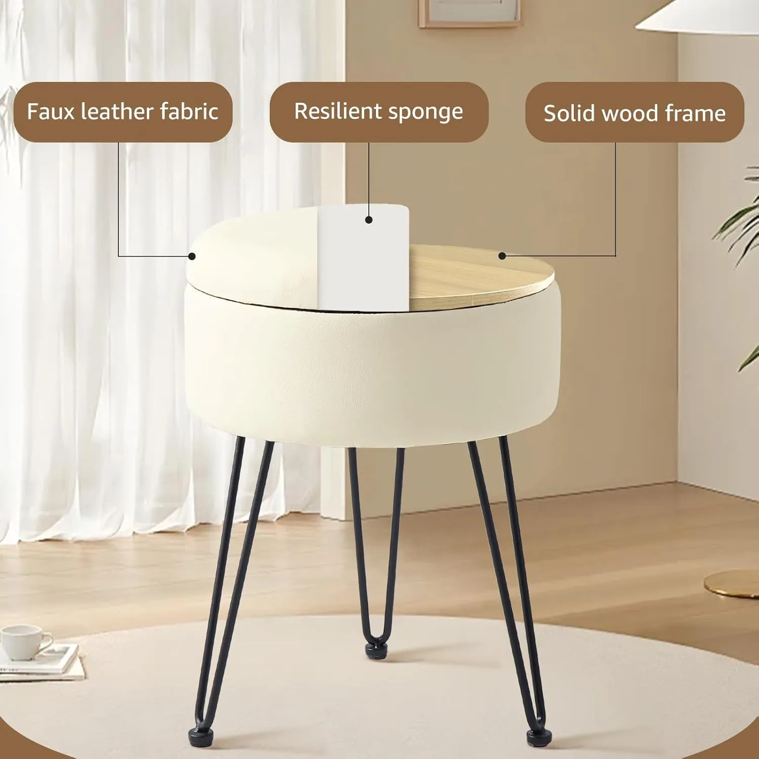 Wimarsbon Round Storage Ottoman Foot Stool Modern Faux Leather Vanity Stool with Solid Wood Frame&Metal Legs,Compact Footstool Dressing Stool Footrest for Living Room Bedroom or Entryway (White)