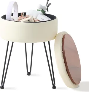Wimarsbon Round Storage Ottoman Foot Stool Modern Faux Leather Vanity Stool with Solid Wood Frame&Metal Legs,Compact Footstool Dressing Stool Footrest for Living Room Bedroom or Entryway (White)