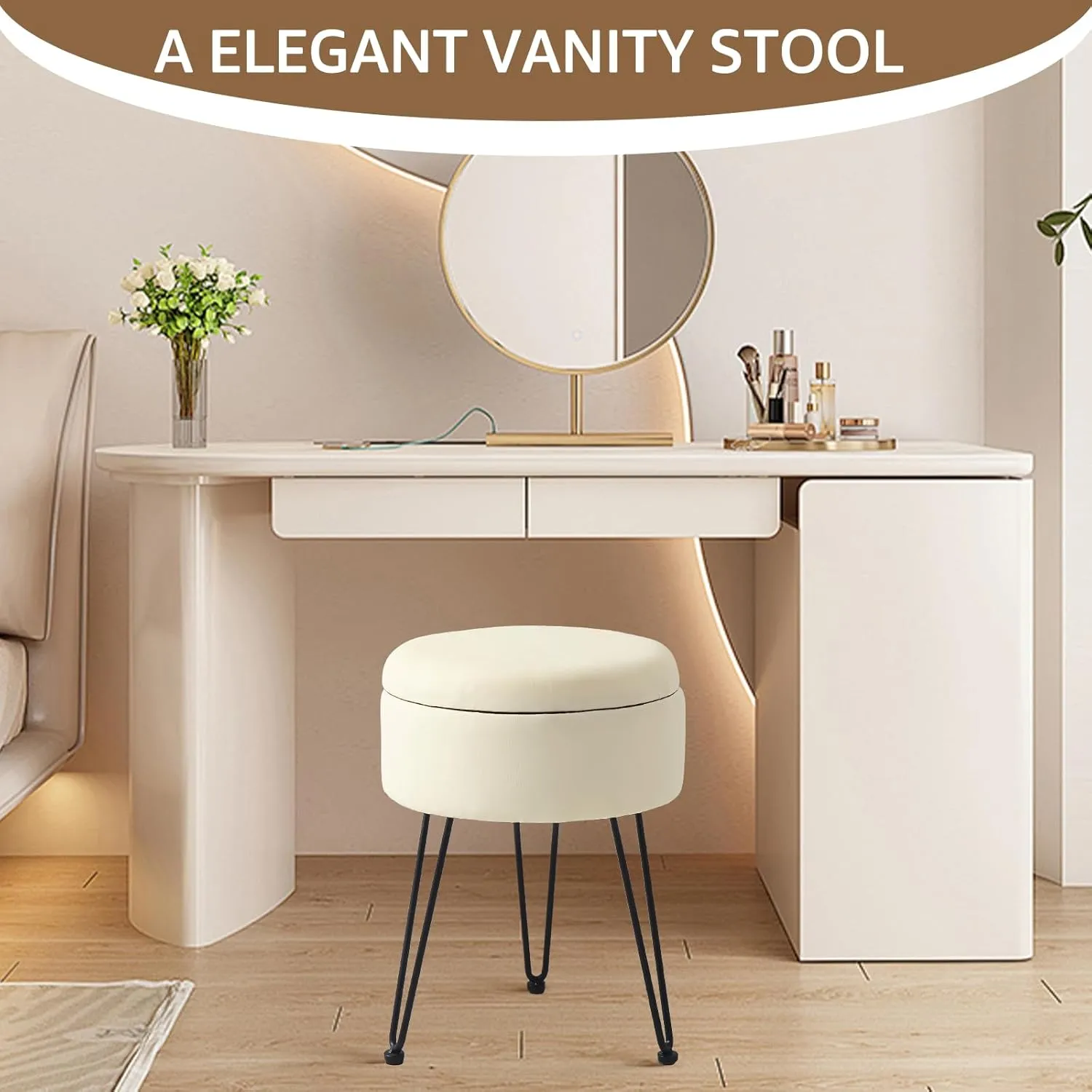 Wimarsbon Round Storage Ottoman Foot Stool Modern Faux Leather Vanity Stool with Solid Wood Frame&Metal Legs,Compact Footstool Dressing Stool Footrest for Living Room Bedroom or Entryway (White)