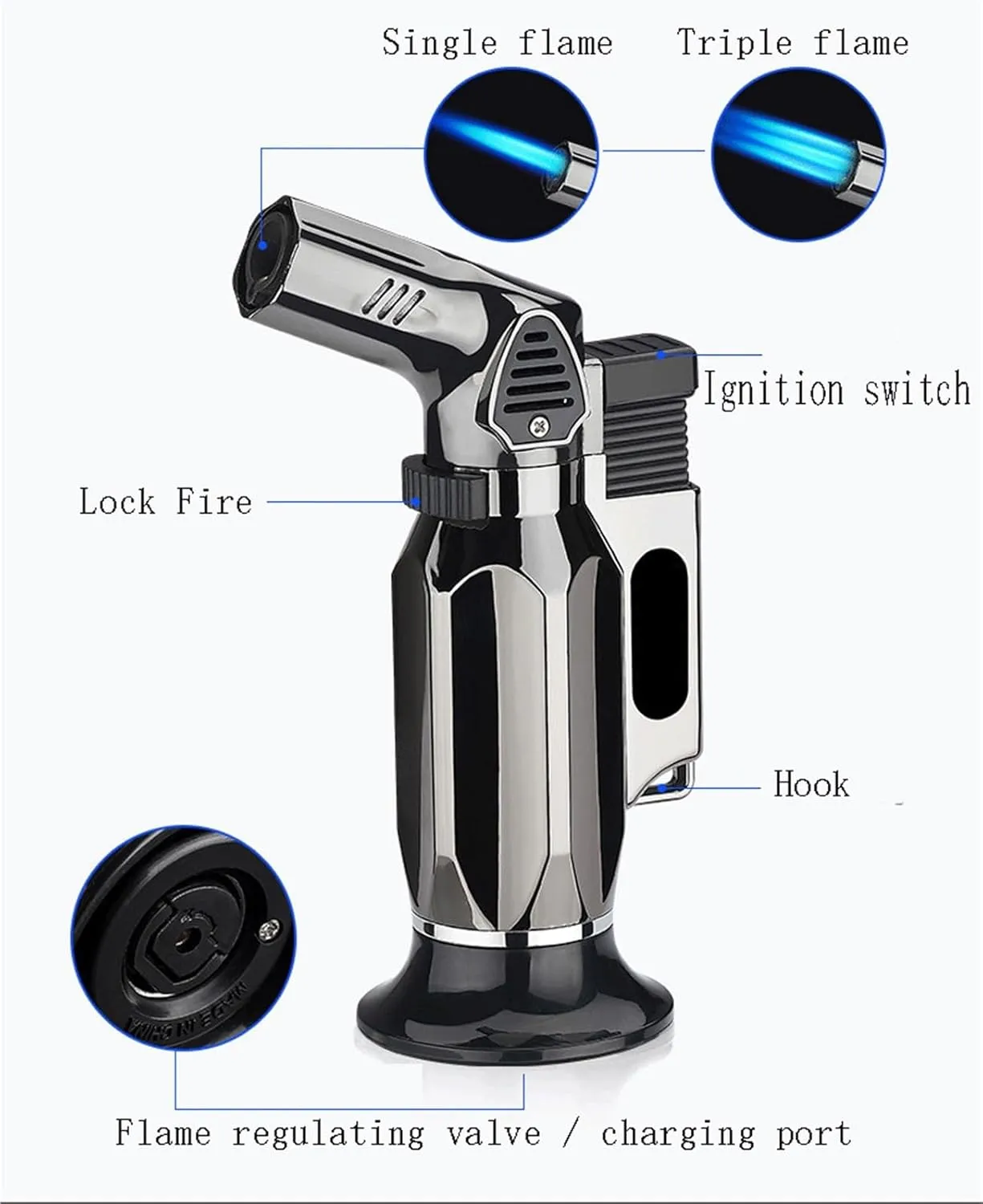 Windproof Single/Triple Jet Lighter, with Lock Switch, one-Button Ignition, Convenient Multi-Function Lighter, Suitable for Carrying Outside (Fuel not Included)(Blue)