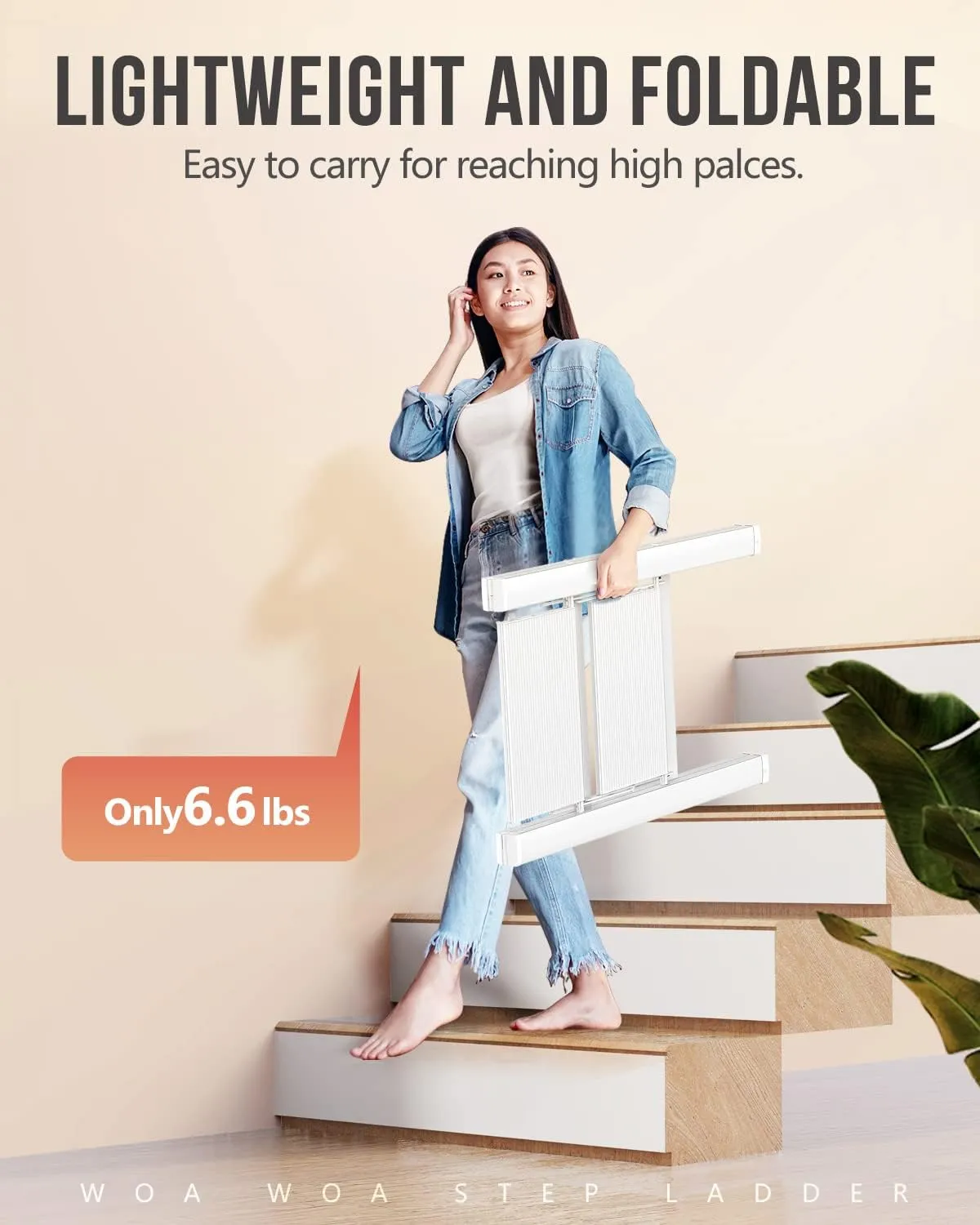 WOA WOA 2 Step Ladder, Foldable Step Stool, Aluminum Lightweight Ladder for Home Kitchen Closet, Anti-Slip Pedals, Ease of Folding, Portable, 300lbs Capacity - White
