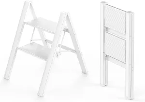 WOA WOA 2 Step Ladder, Foldable Step Stool, Aluminum Lightweight Ladder for Home Kitchen Closet, Anti-Slip Pedals, Ease of Folding, Portable, 300lbs Capacity - White