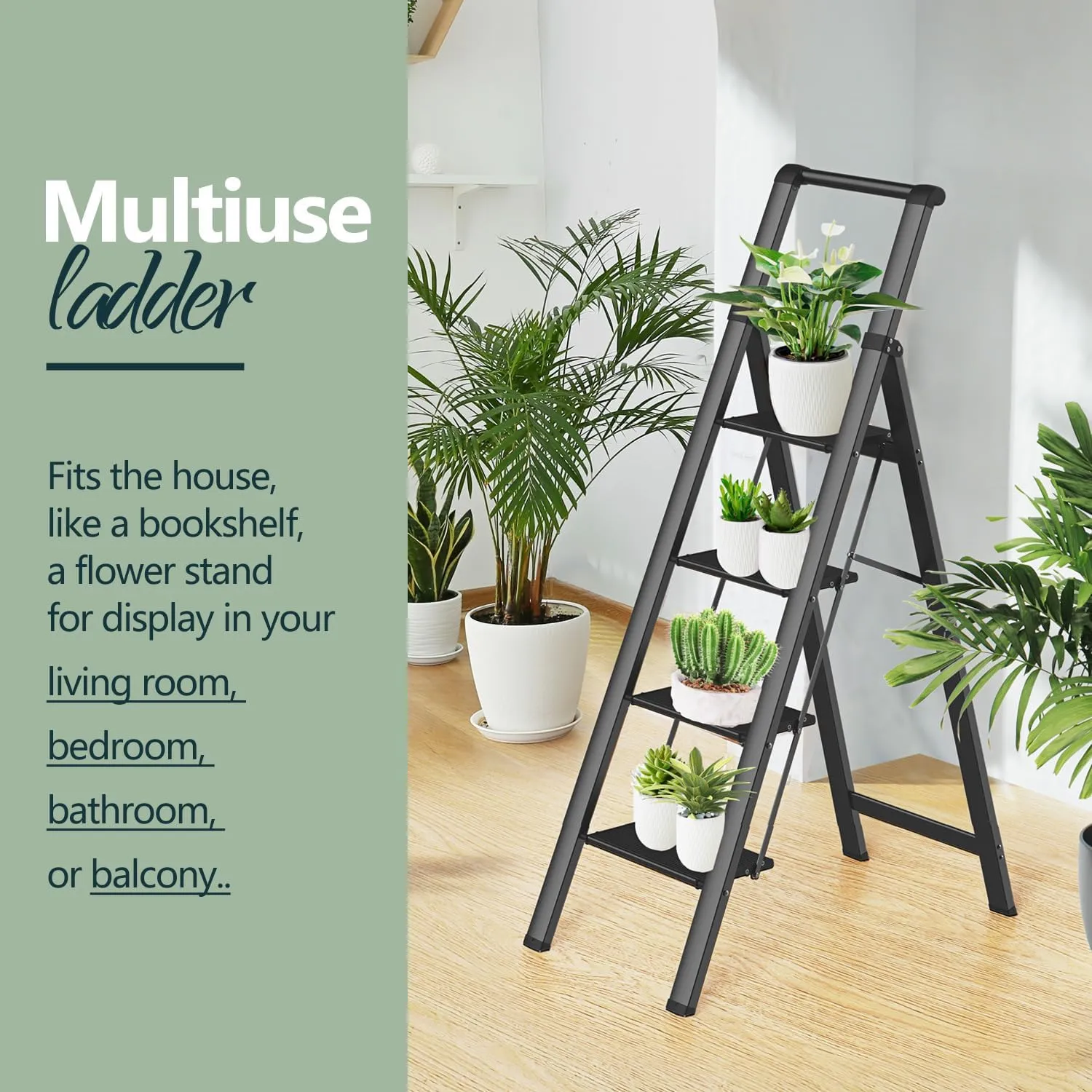WOA WOA 4 Step Ladder, Ladders for Home, Anti-Slip Pedals, Aluminum Step Stool Foldable, Lightweight to Move, Ease of Storage, Reach 9ft for Closet Kitchen Library, Hold 300lbs - Black