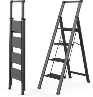 WOA WOA 4 Step Ladder, Ladders for Home, Anti-Slip Pedals, Aluminum Step Stool Foldable, Lightweight to Move, Ease of Storage, Reach 9ft for Closet Kitchen Library, Hold 300lbs - Black