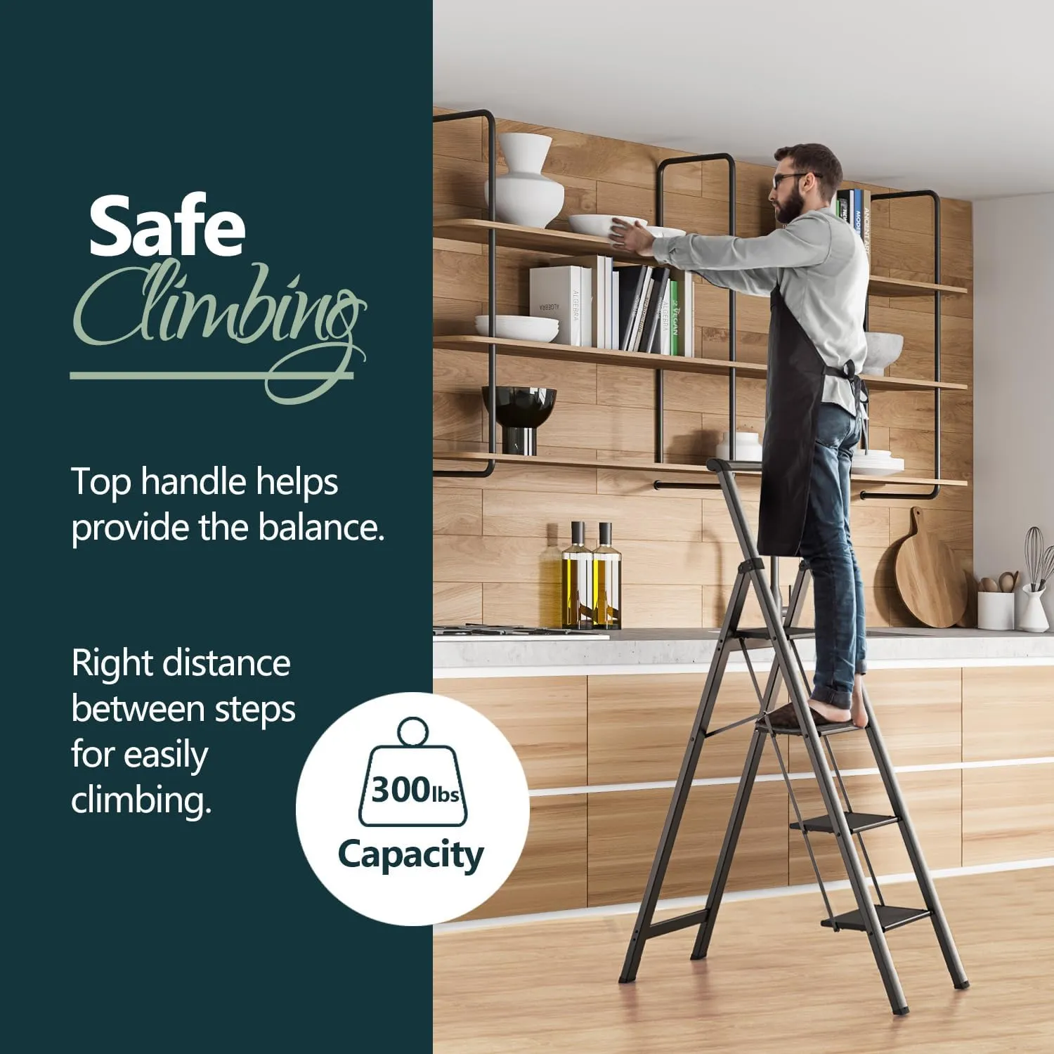WOA WOA 4 Step Ladder, Ladders for Home, Anti-Slip Pedals, Aluminum Step Stool Foldable, Lightweight to Move, Ease of Storage, Reach 9ft for Closet Kitchen Library, Hold 300lbs - Black