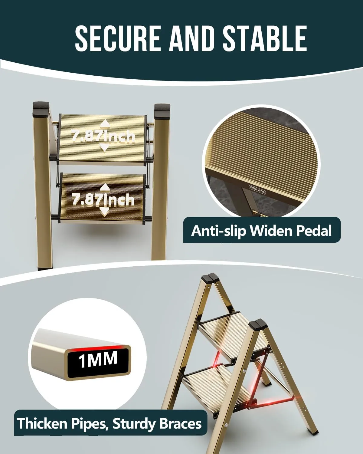 WOA WOA Step Ladder, 2 Step Foldable Step Stool with Widen Pedals, Portable Aluminum Stepladder, Compact for Space Saving, Home Ladder for Kitchen (300lbs, Gold)