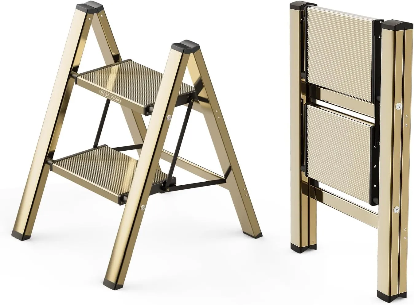WOA WOA Step Ladder, 2 Step Foldable Step Stool with Widen Pedals, Portable Aluminum Stepladder, Compact for Space Saving, Home Ladder for Kitchen (300lbs, Gold)