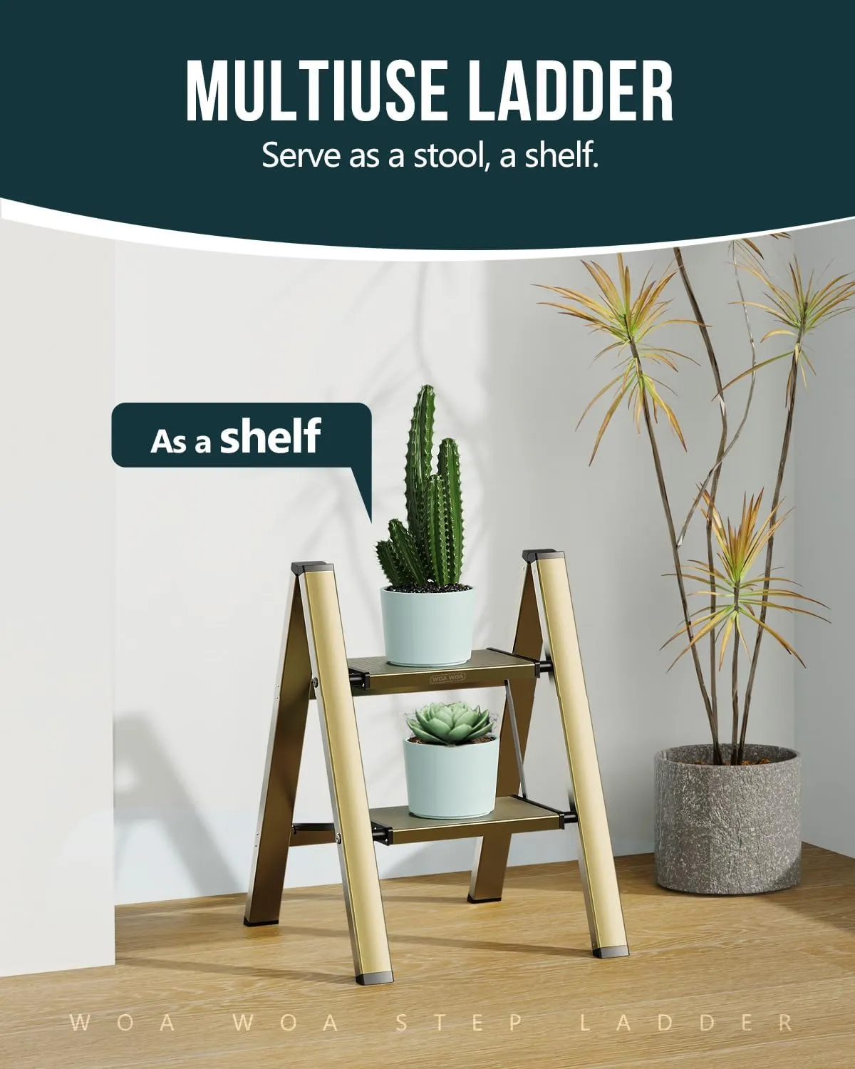 WOA WOA Step Ladder, 2 Step Foldable Step Stool with Widen Pedals, Portable Aluminum Stepladder, Compact for Space Saving, Home Ladder for Kitchen (300lbs, Gold)