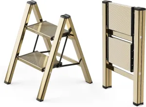 WOA WOA Step Ladder, 2 Step Foldable Step Stool with Widen Pedals, Portable Aluminum Stepladder, Compact for Space Saving, Home Ladder for Kitchen (300lbs, Gold)