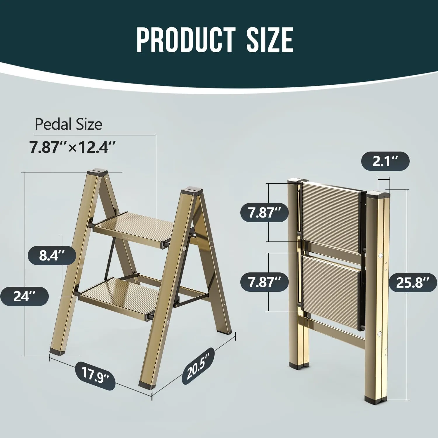 WOA WOA Step Ladder, 2 Step Foldable Step Stool with Widen Pedals, Portable Aluminum Stepladder, Compact for Space Saving, Home Ladder for Kitchen (300lbs, Gold)