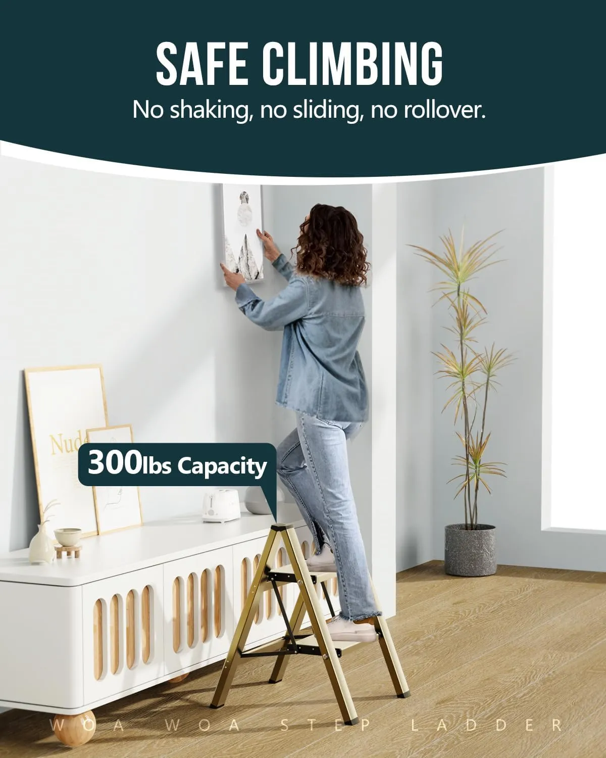 WOA WOA Step Ladder, 2 Step Foldable Step Stool with Widen Pedals, Portable Aluminum Stepladder, Compact for Space Saving, Home Ladder for Kitchen (300lbs, Gold)