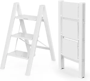 WOA WOA Step Ladder, Widen Pedals Folding Step Stool with Anti-Slip Foot, Portable Lightweight Aluminum Ladder, Household Stepladder for Kitchen, Fold Thin & Space Save, 300 lbs Load (3 Step, White)