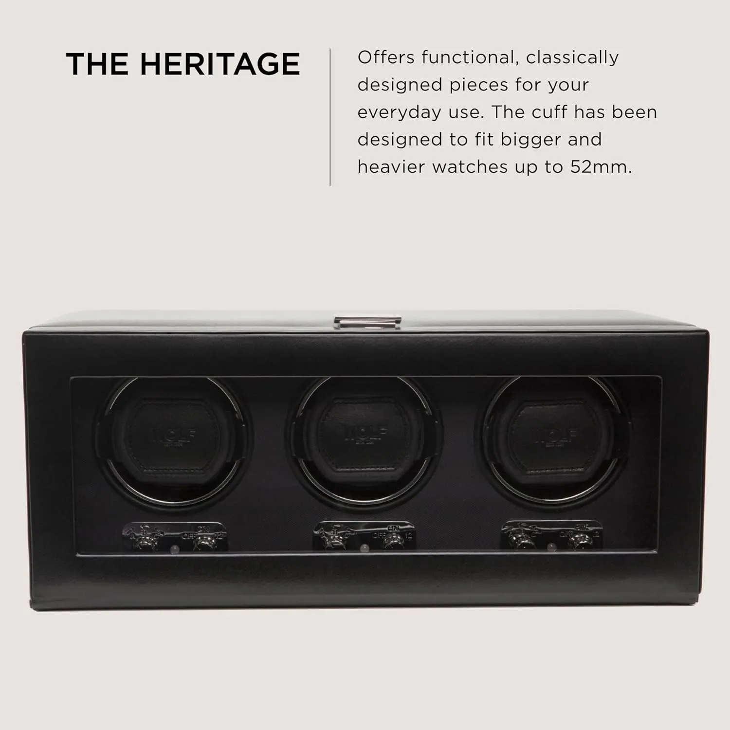 Wolf Heritage Triple Winder with Glass Cover, Black - Secure Fit with Patented Lock-in Dynamic Cuff - for Bigger, Heavier Watches - Vegan Leather - Includes Universal Adapter